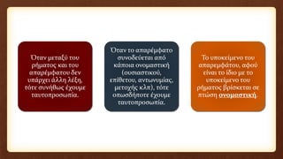 Όταν μεταξύ του
ρήματος και του
απαρέμφατου δεν
υπάρχει άλλη λέξη,
τότε συνήθως έχουμε
ταυτοπροσωπία.
Όταν το απαρέμφατο
συνοδεύεται από
κάποια ονομαστική
(ουσιαστικού,
επίθετου, αντωνυμίας,
μετοχής κλπ), τότε
οπωσδήποτε έχουμε
ταυτοπροσωπία.
Το υποκείμενο του
απαρεμφάτου, αφού
είναι το ίδιο με το
υποκείμενο του
ρήματος βρίσκεται σε
πτώση ονομαστική.
 