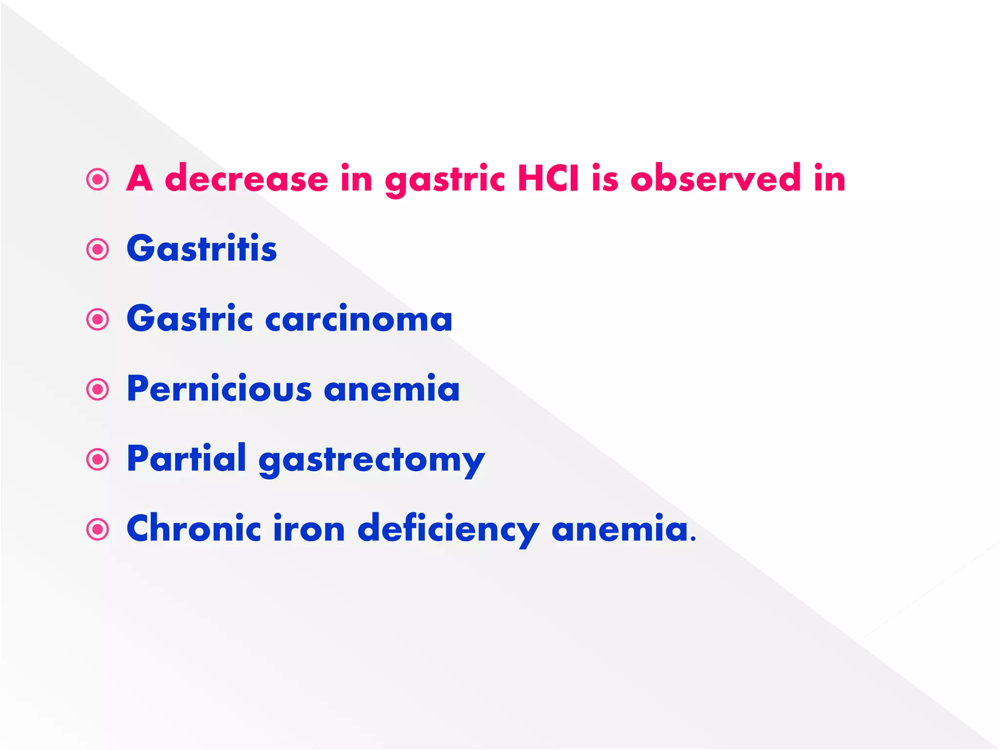  A decrease in gastric HCI is observed in
 Gastritis
 Gastric carcinoma
 Pernicious anemia
 Partial gastrectomy
 Chronic iron deficiency anemia.
 