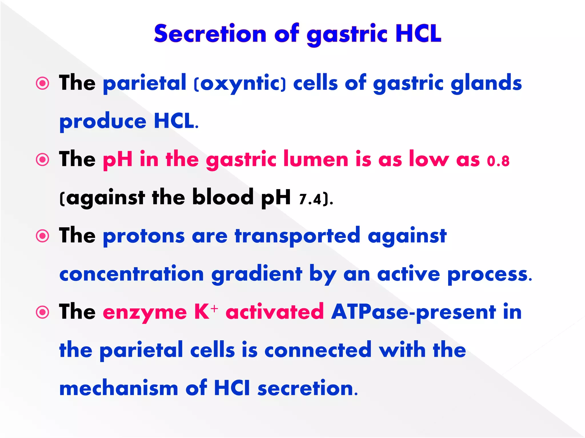  The parietal (oxyntic) cells of gastric glands
produce HCL.
 The pH in the gastric lumen is as low as 0.8
(against the blood pH 7.4).
 The protons are transported against
concentration gradient by an active process.
 The enzyme K+ activated ATPase-present in
the parietal cells is connected with the
mechanism of HCI secretion.
 