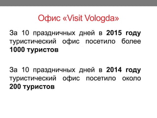 Офис «Visit մǱǲ岹»
За 10 праздничных дней в 2015 году
туристический офис посетило более
1000 туристов
За 10 праздничных дней в 2014 году
туристический офис посетило около
200 туристов
 