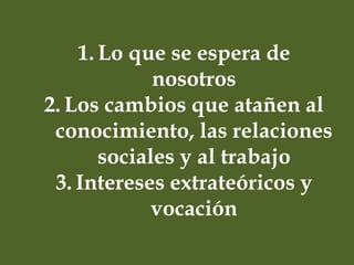 1. Lo que se espera de
nosotros
2. Los cambios que atañen al
conocimiento, las relaciones
sociales y al trabajo
3. Intereses extrateóricos y
vocación
 