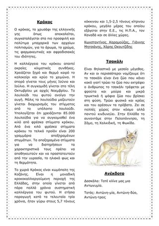 Κρόκος
Ο κρόκος, το χρυσάφι της ελληνικής
γης όπως αποκαλείται,
συγκαταλέγεται στα πιο προσφιλή και
πολύτιμα μπαχαρικά των αρχαίων
πολιτισμών, για το άρωμα, το χρώμα,
τις φαρμακευτικές και αφροδισιακές
του ιδιότητες.
Η καλλιέργεια του κρόκου απαιτεί
ακραίες κλιματικές συνθήκες.
Χρειάζεται ξηρό και θερμό καιρό το
καλοκαίρι και κρύο το χειμώνα. Η
σπορά γίνεται τους μήνες Ιούνιο και
Ιούλιο. Η συγκομιδή γίνεται στα τέλη
Οκτωβρίου με αρχές Νοεμβρίου. Το
λουλούδι του φυτού ανοίγει την
αυγή. Μόλις τα λουλούδια μαζευτούν
γίνεται διαχωρισμός του στίγματος
από το υπόλοιπο λουλούδι.
Υπολογίζεται ότι χρειάζονται 85.000
λουλούδια για να συγκομισθεί ένα
κιλό από φρέσκα στίγματα κρόκου.
Από ένα κιλό φρέσκα στίγματα
κρόκου το τελικό προϊόν είναι 200
γραμμάρια αποξηραμένων
στιγμάτων. Τα αποξηραμένα στίγματα
για να διατηρήσουν τα
χαρακτηριστικά τους πρέπει να
αποθηκευτούν και να προστατευτούν
από την υγρασία, το ηλιακό φως και
τη θερμότητα.
Το χωριό Κρόκος είναι κωμόπολη της
Κοζάνης. Είναι η μοναδική
κροκοκαλλιεργούμενη περιοχή της
Ελλάδας, στην οποία γίνεται από
πάρα πολλά χρόνια συστηματική
καλλιέργεια του φυτού. Η ετήσια
παραγωγή κατά τα τελευταία τρία
χρόνια, ήταν γύρω στους 5,7 τόνους
κόκκινου και 1,5-2,5 τόνους κίτρινου
κρόκου, μεγάλο μέρος του οποίου
εξάγεται στην Ε.Ε., τις Η.Π.Α., τον
Καναδά και σε άλλες χώρες.
Κωνσταντίνος Καραμούζας, Γιάννης
Μητσιάνης, Χάρης Οκουτζίδης
Τσακάλι
Είναι θηλαστικό με μεσαίο μέγεθος.
Αν και οι περισσότεροι νομίζουμε ότι
το τσακάλι είναι ένα ζώο που κάνει
κακό γιατί τρώει τα ζώα που εκτρέφει
ο άνθρωπος το τσακάλι τρέφεται με
φρούτα και μούρα και μικρά
τρωκτικά ή ψόφια ζώα που βρίσκει
στη φύση. Τρώει φυσικά και κρέας
και του αρέσουν τα πρόβατα. Ζει σε
πολλές χώρες στον κόσμο αλλά
παντού κινδυνεύει. Στην Ελλάδα το
συναντάμε στην Πελοπόννησο, τη
Σάμο, τη Χαλκιδική, τη Φωκίδα.
Ανέκδοτο
Δασκάλα: Τοτέ κλίνε μας μια
Αντωνυμία.
Τοτός: Αντώνη-μία, Αντώνη-δύο,
Αντώνη-τρεις
 