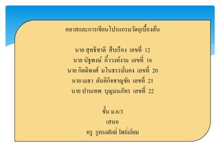 คลำสและกำรเขียนโปรแกรมวัตถุเบื้องต้น
นำย สุทธิชำติ สืบเรือง เลขที่ 12
นำย นัฐพงษ์ คิ้ววงค์งำม เลขที่ 16
นำย กิตติพงศ์ มโนธรรมั่นคง เลขที่ 20
นำย เมธำ ตันติกิจชำญชัย เลขที่ 21
นำย ปำนเทพ บุญมนภัทร เลขที่ 22
ชั้น ม.6/3
เสนอ
ครู รูทรงศักดิ์ โพธิ์เอี่ยม
 