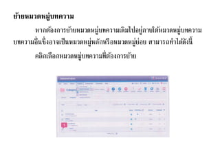 ย้ายหมวดหมู่บทความ
หากต้องการย้ายหมวดหมู่บทความเดิมไปอยู่ภายใต้หมวดหมู่บทความ
บทความอื่นซึ่งอาจเป็นหมวดหมู่หลักหรือหมวดหมู่ย่อย สามารถทาได้ดังนี้
คลิกเลือกหมวดหมู่บทความที่ต้องการย้าย
 