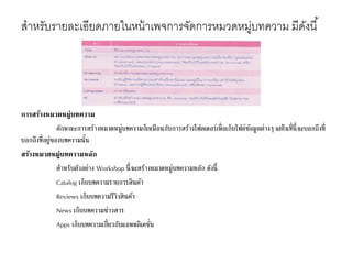 สาหรับรายละเอียดภายในหน้าเพจการจัดการหมวดหมู่บทความ มีดังนี้
การสร้างหมวดหมู่บทความ
ลักษณะการสร้างหมวดหมู่บทความก็เหมือนกับการสร้างโฟลเดอร์เพื่อเก็บไฟล์ข้อมูลต่างๆ แต่ในที่นี้จะบอกถึงที่
บอกถึงที่อยู่ของบทความนั้น
สร้างหมวดหมู่บทความหลัก
สาหรับตัวอย่าง Workshop นี้จะสร้างหมวดหมู่บทความหลัก ดังนี้
Catalog เก็บบทความรายการสินค้า
Reviews เก็บบทความรีวิวสินค้า
News เก็บบทความข่าวสาร
Apps เก็บบทความเกี่ยวกับแอพพลิเคชั่น
 
