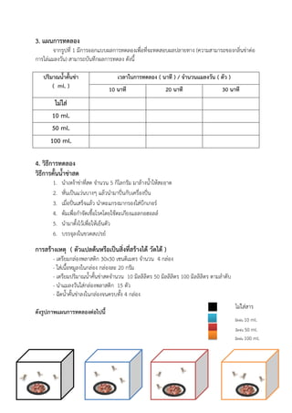 3. แผนการทดลอง
จากรูปที่ 1 มีการออกแบบผลการทดลองเพื่อที่จะทดสอบผลปลายทาง
การไลแมลงวัน) สามารถบันทึกผลการทดลง
ปริมาณน้ําคั้นขา
( ml. )
ไมใส
10 ml.
50 ml.
100 ml.
4. วิธีการทดลอง
วิธีการคั้นน้ําขาสด
1. นําเหงSาขาที่สด จํานวน
2. หั่นเปYนแวนบางๆ แลSวนํามาปjkนกับเครื่องปjkน
3. เมื่อปjkนเสร็จแลSว นําตะแกรงมากรองใสบีกเกอร?
4. ตSมเพื่อกําจัดเชื้อโรคโดยใชSตะเกียงแอลกอฮอลล?
5. นํามาตั้งไวSเพื่อใหSเย็นตัว
6. บรรจุลงในขวดสเปรย?
การสรางเหตุ ( ตัวแปลตนหรือเป>นสิ่งที่สรางได วัดได
- เตรียมกลองพลาสติก 30x30
- ใสเนื้อหมูลงในกลอง กลองละ
- เตรียมปริมาณน้ําคั้นขาสดจํานวน
- นําแมลงวันใสกลองพลาสติก
- ฉีดน้ําคั้นขาลงในกลองจนครบทั้ง
ดังรูปภาพแผนการทดลองตอไปนี้
มีการออกแบบผลการทดลองเพื่อที่จะทดสอบผลปลายทาง (ความสามารถของกลิ่นขาตอ
สามารถบันทึกผลการทดลง ดังนี้
เวลาในการทดลอง ( นาที ) / จํานวนแมลงวัน
10 นาที 20 นาที
นําเหงSาขาที่สด จํานวน 5 กิโลกรัม มาลSางน้ําใหSสะอาด
หั่นเปYนแวนบางๆ แลSวนํามาปjkนกับเครื่องปjkน
เมื่อปjkนเสร็จแลSว นําตะแกรงมากรองใสบีกเกอร?
ตSมเพื่อกําจัดเชื้อโรคโดยใชSตะเกียงแอลกอฮอลล?
นํามาตั้งไวSเพื่อใหSเย็นตัว
บรรจุลงในขวดสเปรย?
ตัวแปลตนหรือเป>นสิ่งที่สรางได วัดได )
30x30 เซนติเมตร จํานวน 4 กลอง
ใสเนื้อหมูลงในกลอง กลองละ 20 กรัม
เตรียมปริมาณน้ําคั้นขาสดจํานวน 10 มิลลิลิตร 50 มิลลิลิตร 100 มิลลิลิตร ตามลําดับ
นําแมลงวันใสกลองพลาสติก 15 ตัว
ฉีดน้ําคั้นขาลงในกลองจนครบทั้ง 4 กลอง
ความสามารถของกลิ่นขาตอ
จํานวนแมลงวัน ( ตัว )
30 นาที
มิลลิลิตร ตามลําดับ
ไมใสสาร
ฉีดพน 10 ml.
ฉีดพน 50 ml.
ฉีดพน 100 ml.
 