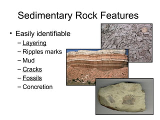 Sedimentary Rock Features
• Easily identifiable
– Layering
– Ripples marks
– Mud
– Cracks
– Fossils
– Concretion
 