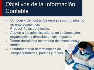 Objetivos de la Información
Contable
➢ Conocer y demostrar los recursos controlados por
un ente económico.
➢ Predecir flujos de efectivo.
➢ Apoyar a los administradores en la planeación,
organización y dirección de los negocios.
➢ Tomar decisiones en materia de inversiones y
crédito.
➢ Fundamentar la determinación de
cargas tributarias, precios y tarifas.
 