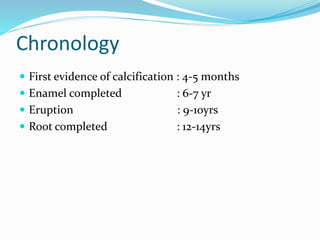 Chronology
 First evidence of calcification : 4-5 months
 Enamel completed : 6-7 yr
 Eruption : 9-10yrs
 Root completed : 12-14yrs
 