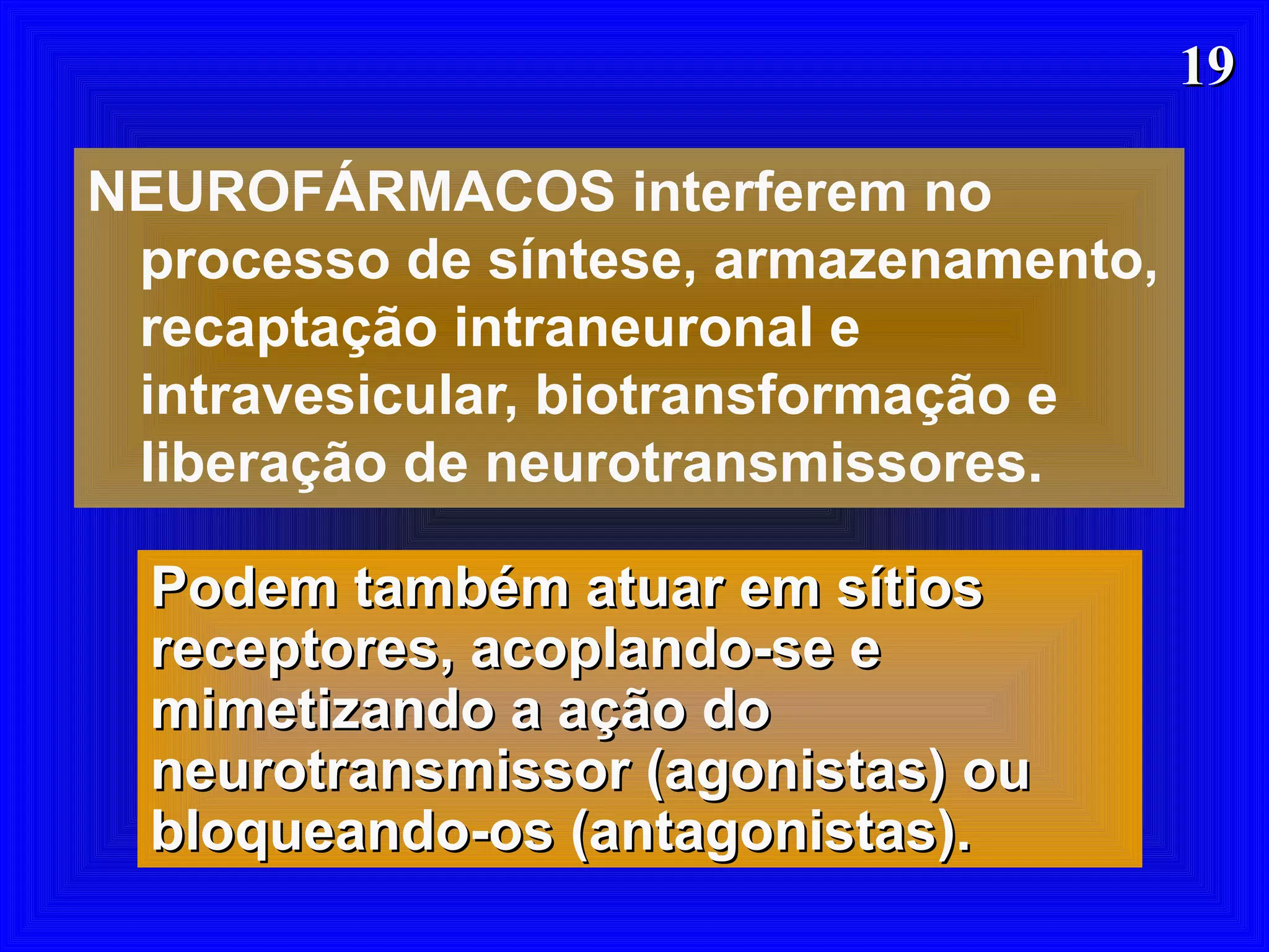1919
NEUROFÁRMACOS interferem no
processo de síntese, armazenamento,
recaptação intraneuronal e
intravesicular, biotransformação e
liberação de neurotransmissores.
Podem também atuar em sítiosPodem também atuar em sítios
receptores, acoplando-se ereceptores, acoplando-se e
mimetizando a ação domimetizando a ação do
neurotransmissor (agonistas) ouneurotransmissor (agonistas) ou
bloqueando-os (antagonistas).bloqueando-os (antagonistas).
 
