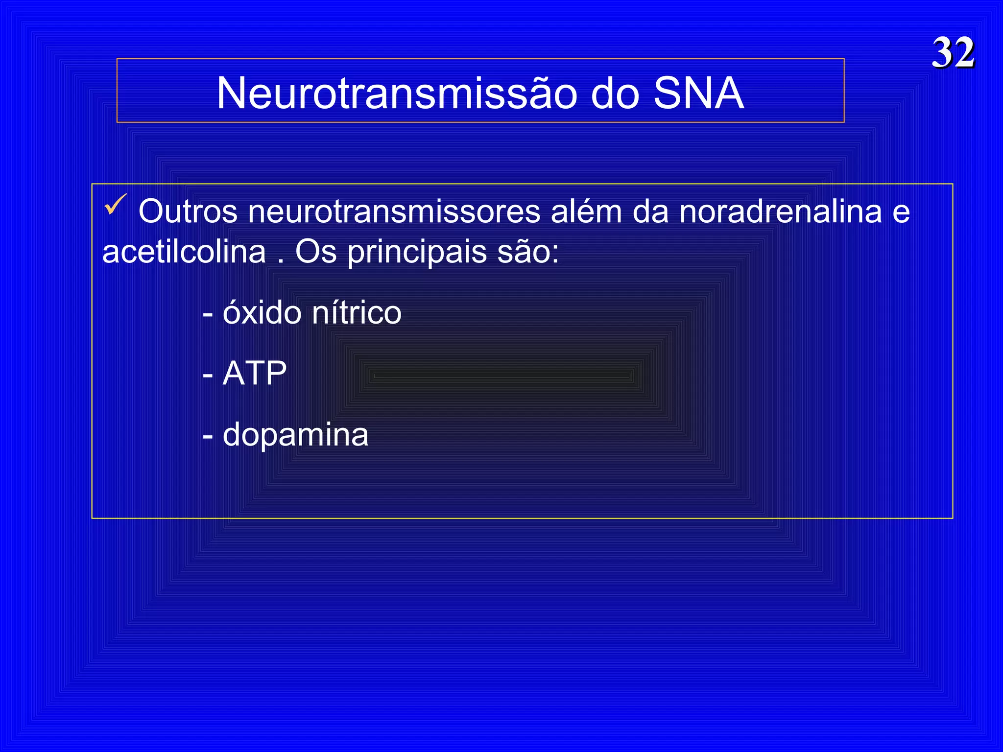 3232
Neurotransmissão do SNA
 Outros neurotransmissores além da noradrenalina e
acetilcolina . Os principais são:
- óxido nítrico
- ATP
- dopamina
 