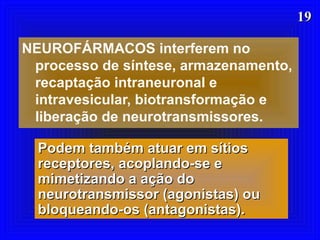 1919
NEUROFÁRMACOS interferem no
processo de síntese, armazenamento,
recaptação intraneuronal e
intravesicular, biotransformação e
liberação de neurotransmissores.
Podem também atuar em sítiosPodem também atuar em sítios
receptores, acoplando-se ereceptores, acoplando-se e
mimetizando a ação domimetizando a ação do
neurotransmissor (agonistas) ouneurotransmissor (agonistas) ou
bloqueando-os (antagonistas).bloqueando-os (antagonistas).
 