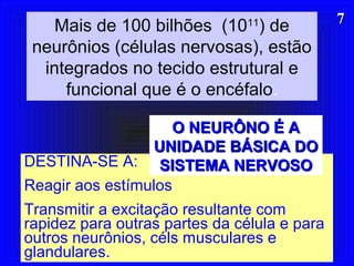 77
DESTINA-SE A:
Reagir aos estímulos
Transmitir a excitação resultante com
rapidez para outras partes da célula e para
outros neurônios, céls musculares e
glandulares.
Mais de 100 bilhões (1011
) de
neurônios (células nervosas), estão
integrados no tecido estrutural e
funcional que é o encéfalo.
O NEURÔNO É AO NEURÔNO É A
UNIDADE BÁSICA DOUNIDADE BÁSICA DO
SISTEMA NERVOSOSISTEMA NERVOSO
 