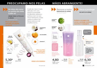 PARA USO DIÁRIO!
5,30*
35,33EUR/100ml
EUR/ 15 ml
4,80
4,80EUR/100ml
EUR/ 100 ml
6,30
12,60EUR/100ml
EUR/ 50 ml
PREOCUPAMO-NOS PELAS 	 MÃOS ABRANGENTE!
Seca e protege
SECANTE DE VERNIZ
nail lacquer drying spray
Remove e nutre
REMOVEDOR DE VERNIZ
nail lacquer remover
As mãos são como
os cartões de visita.
Cuide-as!
CREME PARA CUTÍCULAS
E UNHAS
cuticle & nail cream
A pele das mãos é muito
delicada e tem uma
pequena quantidade
de glándulas sebáceas e
gordura, é por isso que
secam facilmente, e estão
sujeitas ao efeitos dos
fatores externos e do
envelhecimento.
Cuticle
& Nail Cream
FM | kr1
Nail Lacquer
Remover
FM | n106
Nail Lacquer
Drying Spray
FM | n100
Acelera a secagem do
verniz e protege contra as
manchas e raspagem.
Dá às suas unhas e
cutículas um aspeto
saudável!
Para as unhas
secas, danificadas
e quebradiças.
Melhora a cor
do verniz
Dá um brilho
bonito.
Não seca
as cutículas
à volta da
unha.
Evapora rapidamente
depois de cada
aplicação!
Agitar antes de
usar para misturar
minuciosamente as
camadas.
A camada
removedora
é a
responsável
pelo sucesso
do removedor.
A camada
nutritiva
é responsável
pelo aspeto
saudável
das unhas e
cutículas.
extrato de
bambú
acalma e nutre.
extrato de
algodão
hidrata.
manteiga de
karité
cera de abelha
vitamina E
óleo de
amêndoas
pantenol
Restauram a
hidratação
adequada e
nutrem a pele
seca.
Dá elasticidade
às cutículas,
fortalecem e
suavizam a
unha.
Um
agradável
aroma
a frutas
cítricas!
*Até à rotura de stock
TOPTOP
1010
OsprodutosFMGROUPsãoprodutosoriginaisdaFMGROUPWORLD
5554
 