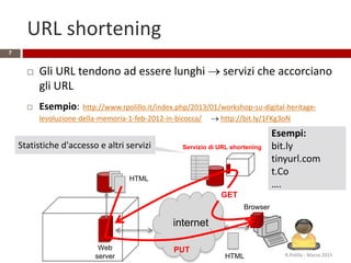 URL shortening
 Gli URL tendono ad essere lunghi  servizi che accorciano
gli URL
 Esempio: http://www.rpolillo.it/index.php/2013/01/workshop-su-digital-heritage-
levoluzione-della-memoria-1-feb-2012-in-bicocca/  http://bit.ly/1FKg3oN
R.Polillo - Marzo 2015
7
Esempi:
bit.ly
tinyurl.com
t.Co
….
Statistiche d'accesso e altri servizi
HTTP
internet
Browser
Web
server
HTML
HTML
PUT
GET
Servizio di URL shortening
 
