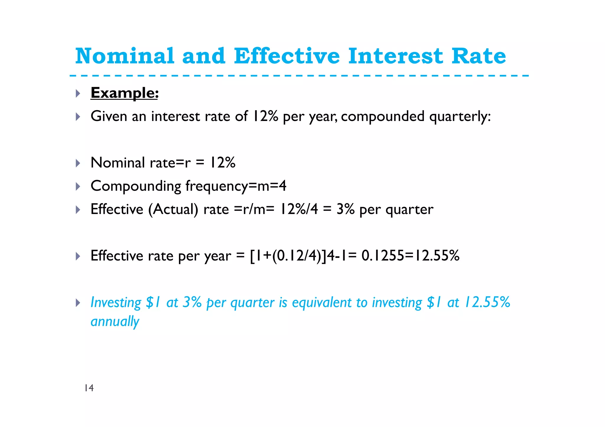 Nominal and Effective Interest Rate
14
Example:
Given an interest rate of 12% per year, compounded quarterly:
Nominal rate=r = 12%
Compounding frequency=m=4
Effective (Actual) rate =r/m= 12%/4 = 3% per quarter
Effective rate per year = [1+(0.12/4)]4-1= 0.1255=12.55%
Investing $1 at 3% per quarter is equivalent to investing $1 at 12.55%
annually
 