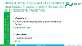 Presentation Title www.gwpsudamerica.org11 de marzo de 2015
E
T
A
P
A
D
E
I
M
P
L
E
M
E
N
T
A
C
I
O
N
• Cuarta fase:
• Finalización de la propuesta y levantamiento de
fondos.
• Setiembre 2015
•
• Quinta fase:
• Implementación.
• 2016
PROCESO PROPUESTO PARA EL DESARROLLO DE
PROGRAMA DE AGUA, CLIMA Y DESARROLLO
EN EL NOROESTE ARGENTINO
 