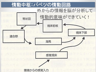 情動中枢：パペツの情動回路
外からの情報を脳が分析して
情動的意味ができていく！
 