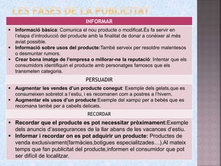 INFORMAR
 Informació bàsica: Comunica el nou producte o modificat.És fa servir en
l’etapa d’introducció del producte amb la finalitat de donar a conèixer al més
aviat possible.
 Informació sobre usos del producte:També serveix per resoldre malentesos
o desmuntar rumors.
 Crear bona imatge de l’empresa o millorar-ne la reputació: Intentar que els
consumidors identifiquin el producte amb personatges famosos que els
transmeten categoria.
PERSUADIR
 Augmentar les vendes d’un producte conegut: Exemple dels gelats,que es
consumeixen sobretot a l’estiu, i es recomanen com a postres a l’hivern.
 Augmentar els usos d’un producte:Exemple del xampú per a bebès que es
recomana també per a cabells delicats.
RECORDAR
 Recordar que el producte es pot necessitar pròximament:Exemple
dels anuncis d’assegurances de la llar abans de les vacances d’estiu.
 Informar i recordar on es pot adquirir un producte: Productes de
venda exclusivament(farmàcies,botigues especialitzades…).Al mateix
temps que fan publicitat del producte,informen el consumidor que pot
ser difícil de localitzar.
 