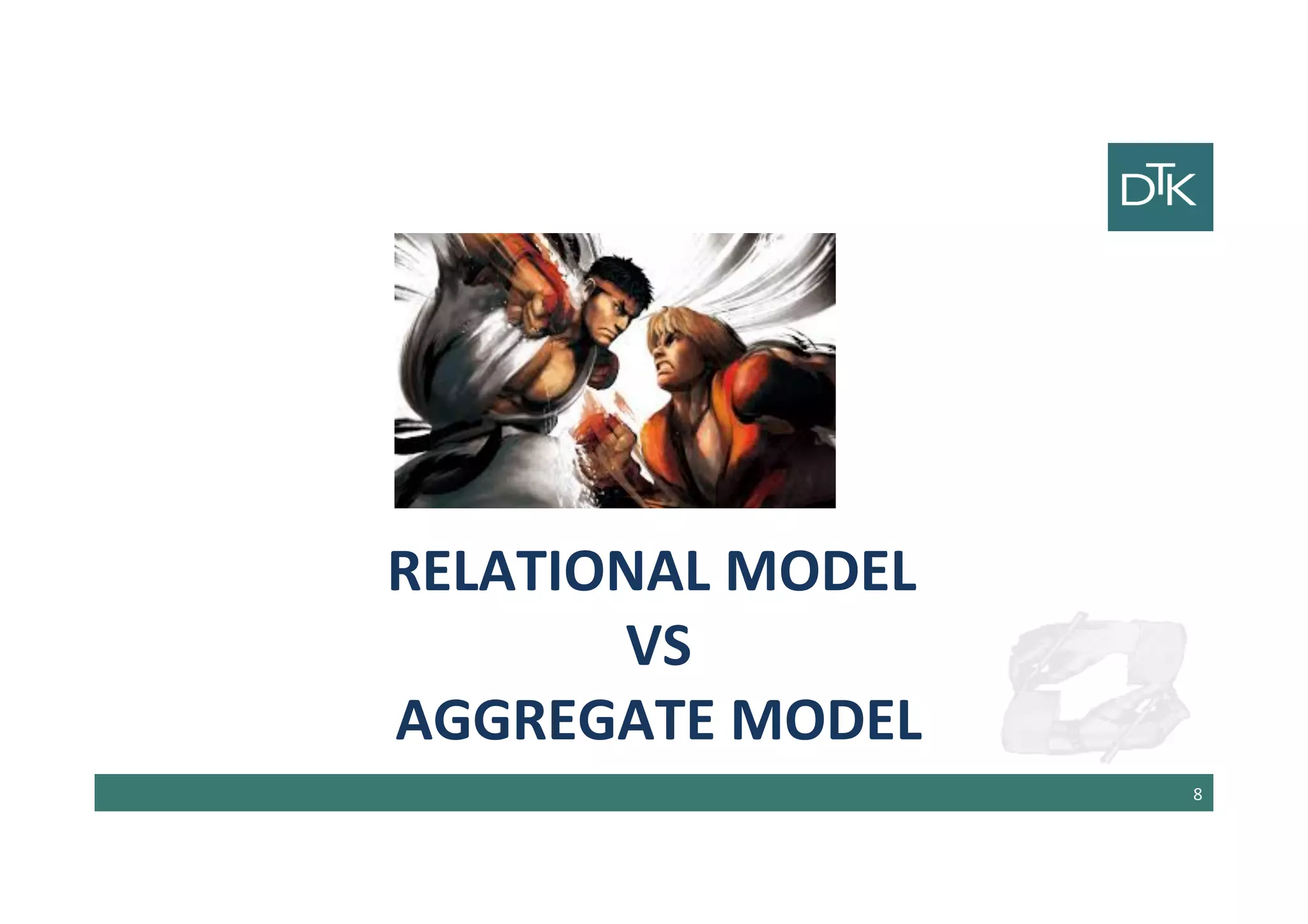 Relational Model
vs
Aggregate Model
9
 