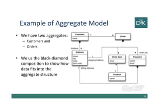 Example of Aggregate Model
• We have two aggregates:
– Customers and
– Orders
• We use the black-
diamond composition to
show how data fits into
the aggregate structure
17
 