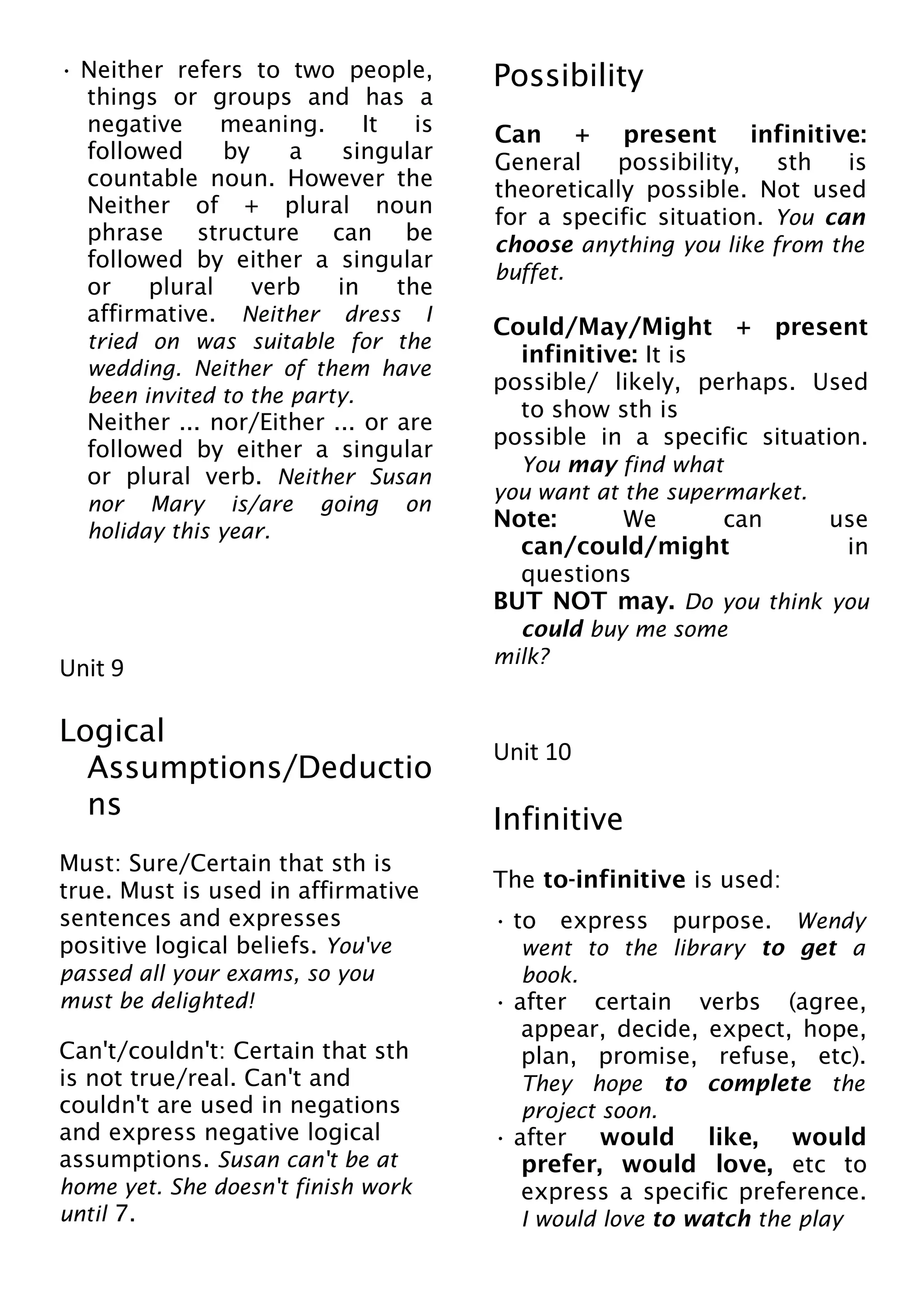 • Neither refers to two people,
things or groups and has a
negative meaning. It is
followed by a singular
countable noun. However the
Neither of + plural noun
phrase structure can be
followed by either a singular
or plural verb in the
affirmative. Neither dress I
tried on was suitable for the
wedding. Neither of them have
been invited to the party.
Neither ... nor/Either ... or are
followed by either a singular
or plural verb. Neither Susan
nor Mary is/are going on
holiday this year.
Unit 9
Logical
Assumptions/Deductio
ns
Must: Sure/Certain that sth is
true. Must is used in affirmative
sentences and expresses
positive logical beliefs. You've
passed all your exams, so you
must be delighted!
Can't/couldn't: Certain that sth
is not true/real. Can't and
couldn't are used in negations
and express negative logical
assumptions. Susan can't be at
home yet. She doesn't finish work
until 7.
Possibility
Can + present infinitive:
General possibility, sth is
theoretically possible. Not used
for a specific situation. You can
choose anything you like from the
buffet.
Could/May/Might + present
infinitive: It is
possible/ likely, perhaps. Used
to show sth is
possible in a specific situation.
You may find what
you want at the supermarket.
Note: We can use
can/could/might in
questions
BUT NOT may. Do you think you
could buy me some
milk?
Unit 10
Infinitive
The to-infinitive is used:
• to express purpose. Wendy
went to the library to get a
book.
• after certain verbs (agree,
appear, decide, expect, hope,
plan, promise, refuse, etc).
They hope to complete the
project soon.
• after would like, would
prefer, would love, etc to
express a specific preference.
I would love to watch the play
 
