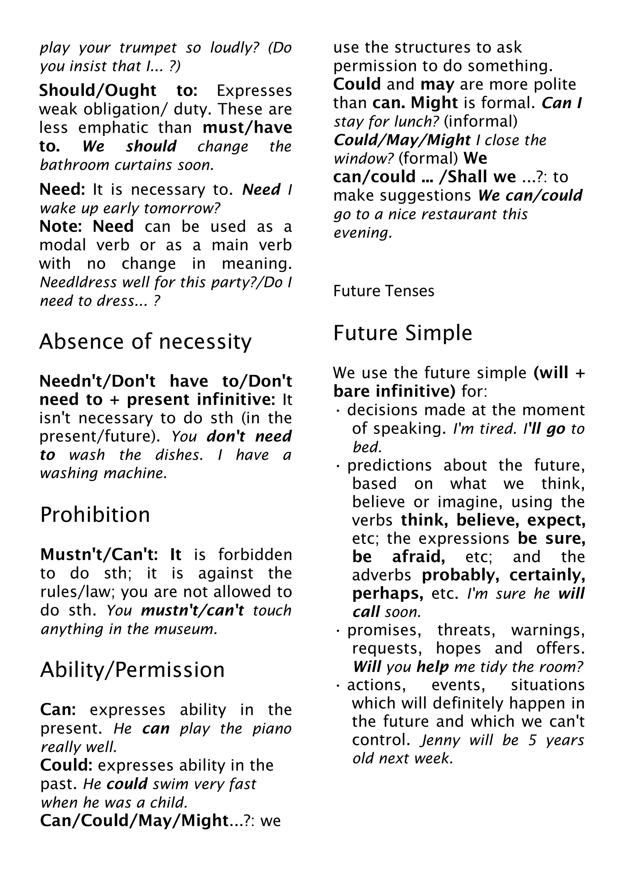 play your trumpet so loudly? (Do
you insist that I... ?)
Should/Ought to: Expresses
weak obligation/ duty. These are
less emphatic than must/have
to. We should change the
bathroom curtains soon.
Need: It is necessary to. Need I
wake up early tomorrow?
Note: Need can be used as a
modal verb or as a main verb
with no change in meaning.
Needldress well for this party?/Do I
need to dress... ?
Absence of necessity
Needn't/Don't have to/Don't
need to + present infinitive: It
isn't necessary to do sth (in the
present/future). You don't need
to wash the dishes. I have a
washing machine.
Prohibition
Mustn't/Can't: It is forbidden
to do sth; it is against the
rules/law; you are not allowed to
do sth. You mustn't/can't touch
anything in the museum.
Ability/Permission
Can: expresses ability in the
present. He can play the piano
really well.
Could: expresses ability in the
past. He could swim very fast
when he was a child.
Can/Could/May/Might...?: we
use the structures to ask
permission to do something.
Could and may are more polite
than can. Might is formal. Can I
stay for lunch? (informal)
Could/May/Might I close the
window? (formal) We
can/could ... /Shall we ...?: to
make suggestions We can/could
go to a nice restaurant this
evening.
Future Tenses
Future Simple
We use the future simple (will +
bare infinitive) for:
• decisions made at the moment
of speaking. I'm tired. I'll go to
bed.
• predictions about the future,
based on what we think,
believe or imagine, using the
verbs think, believe, expect,
etc; the expressions be sure,
be afraid, etc; and the
adverbs probably, certainly,
perhaps, etc. I'm sure he will
call soon.
• promises, threats, warnings,
requests, hopes and offers.
Will you help me tidy the room?
• actions, events, situations
which will definitely happen in
the future and which we can't
control. Jenny will be 5 years
old next week.
 