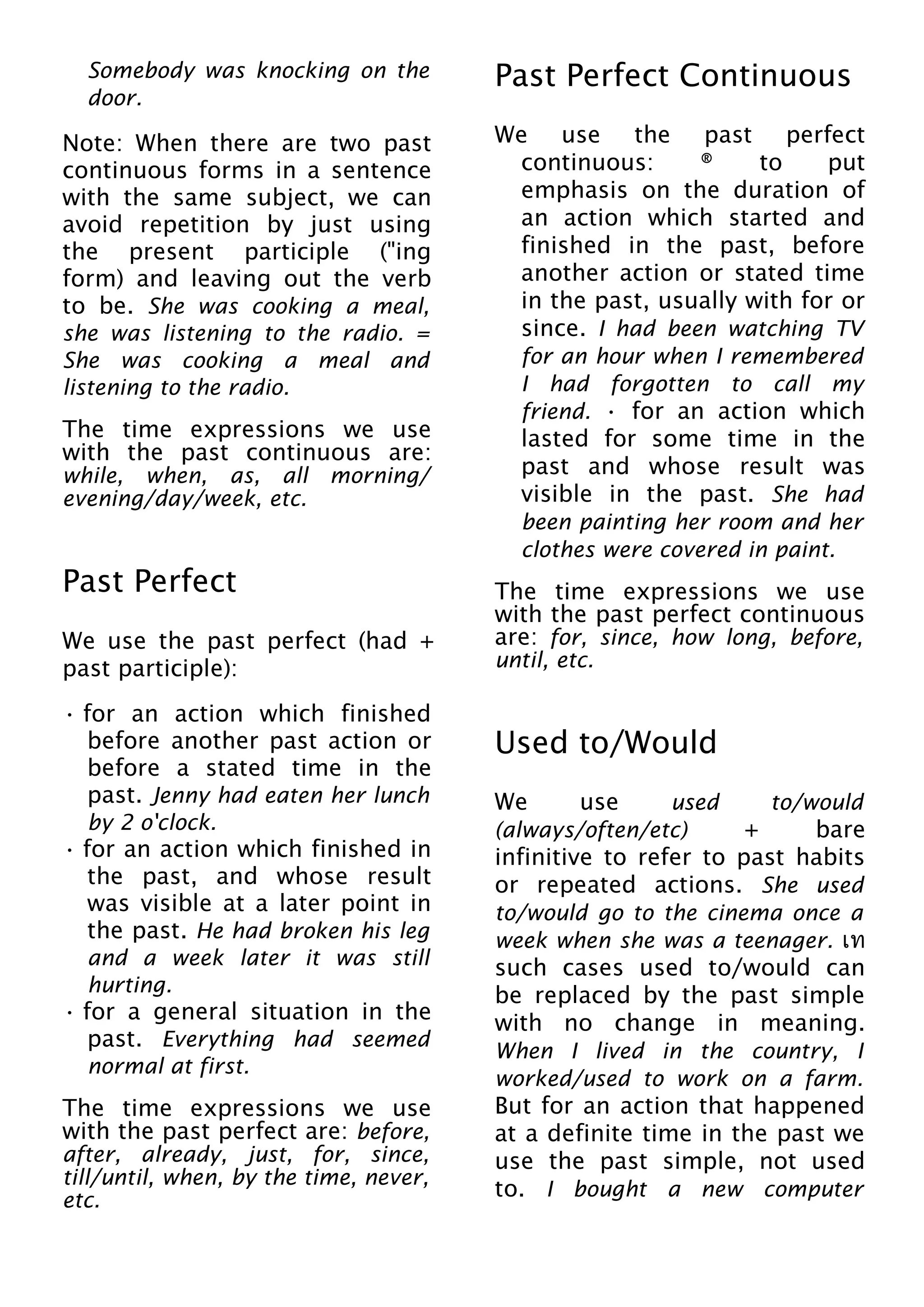Somebody was knocking on the
door.
Note: When there are two past
continuous forms in a sentence
with the same subject, we can
avoid repetition by just using
the present participle ("ing
form) and leaving out the verb
to be. She was cooking a meal,
she was listening to the radio. =
She was cooking a meal and
listening to the radio.
The time expressions we use
with the past continuous are:
while, when, as, all morning/
evening/day/week, etc.
Past Perfect
We use the past perfect (had +
past participle):
• for an action which finished
before another past action or
before a stated time in the
past. Jenny had eaten her lunch
by 2 o'clock.
• for an action which finished in
the past, and whose result
was visible at a later point in
the past. He had broken his leg
and a week later it was still
hurting.
• for a general situation in the
past. Everything had seemed
normal at first.
The time expressions we use
with the past perfect are: before,
after, already, just, for, since,
till/until, when, by the time, never,
etc.
Past Perfect Continuous
We use the past perfect
continuous: ® to put
emphasis on the duration of
an action which started and
finished in the past, before
another action or stated time
in the past, usually with for or
since. I had been watching TV
for an hour when I remembered
I had forgotten to call my
friend. • for an action which
lasted for some time in the
past and whose result was
visible in the past. She had
been painting her room and her
clothes were covered in paint.
The time expressions we use
with the past perfect continuous
are: for, since, how long, before,
until, etc.
Used to/Would
We use used to/would
(always/often/etc) + bare
infinitive to refer to past habits
or repeated actions. She used
to/would go to the cinema once a
week when she was a teenager. เท
such cases used to/would can
be replaced by the past simple
with no change in meaning.
When I lived in the country, I
worked/used to work on a farm.
But for an action that happened
at a definite time in the past we
use the past simple, not used
to. I bought a new computer
 
