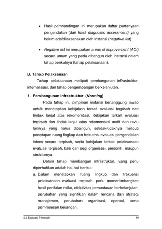 5.2 Evaluasi Terpisah 19
 Hasil pembandingan ini merupakan daftar pertanyaan
pengendalian (dari hasil diagnostic assessment) yang
belum ada/dilaksanakan oleh instansi (negative list).
 Negative list ini merupakan areas of improvement (AOI)
secara umum yang perlu dibangun oleh instansi dalam
tahap berikutnya (tahap pelaksanaan).
B. Tahap Pelaksanaan
Tahap pelaksanaan meliputi pembangunan infrastruktur,
internalisasi, dan tahap pengembangan berkelanjutan.
1. Pembangunan Infrastruktur (Norming)
Pada tahap ini, pimpinan instansi bertanggung jawab
untuk menetapkan kebijakan terkait evaluasi terpisah dan
tindak lanjut atas rekomendasi. Kebijakan terkait evaluasi
terpisah dan tindak lanjut atas rekomendasi audit dan reviu
lainnya yang harus dibangun, setidak-tidaknya meliputi
penetapan ruang lingkup dan frekuensi evaluasi pengendalian
intern secara terpisah, serta kebijakan terkait pelaksanaan
evaluasi terpisah, baik dari segi organisasi, personil, maupun
strukturnya.
Dalam tahap membangun infrastruktur, yang perlu
diperhatikan adalah hal-hal berikut:
a. Dalam menetapkan ruang lingkup dan frekuensi
pelaksanaan evaluasi terpisah, perlu memertimbangkan
hasil penilaian risiko, efektivitas pemantauan berkelanjutan,
perubahan yang signifikan dalam rencana dan strategi
manajemen, perubahan organisasi, operasi, serta
pemrosesan keuangan.
 