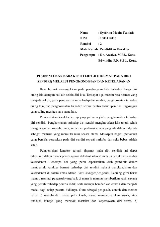 Pembentukan Karakter Terpuji Hormat Pada Diri Sendiri Melalui Pengk