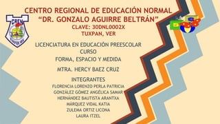 CENTRO REGIONAL DE EDUCACIÓN NORMAL
“DR. GONZALO AGUIRRE BELTRÁN”
CLAVE: 30DNL0002X
TUXPAN, VER
LICENCIATURA EN EDUCACIÓN PREESCOLAR
CURSO
FORMA, ESPACIO Y MEDIDA
MTRA. HERCY BAEZ CRUZ
INTEGRANTES
FLORENCIA LORENZO PERLA PATRICIA
GONZÁLEZ GÓMEZ ANGÉLICA SAMAR
HERNÁNDEZ BAUTISTA ARANTXA
MÁRQUEZ VIDAL KATIA
ZULEMA ORTIZ LICONA
LAURA ITZEL
 