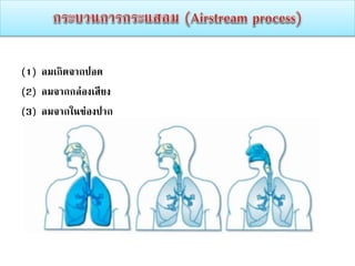 (1) ลมเกิดจากปอด
(2) ลมจากกล่องเสียง
(3) ลมจากในช่องปาก
 