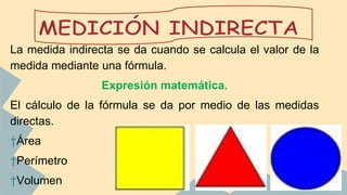 La medida indirecta se da cuando se calcula el valor de la
medida mediante una fórmula.
Expresión matemática.
El cálculo de la fórmula se da por medio de las medidas
directas.
†Área
†Perímetro
†Volumen
 