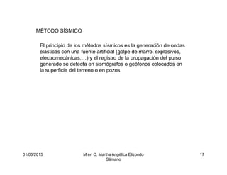 01/03/2015 M en C. Martha Angélica Elizondo
Sámano
17
MÉTODO SÍSMICO
El principio de los métodos sísmicos es la generación de ondas
elásticas con una fuente artificial (golpe de marro, explosivos,
electromecánicas,…) y el registro de la propagación del pulso
generado se detecta en sismógrafos o geófonos colocados en
la superficie del terreno o en pozos
 
