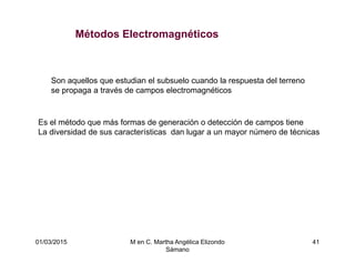 01/03/2015 M en C. Martha Angélica Elizondo
Sámano
41
Métodos Electromagnéticos
Son aquellos que estudian el subsuelo cuando la respuesta del terreno
se propaga a través de campos electromagnéticos
Es el método que más formas de generación o detección de campos tiene
La diversidad de sus características dan lugar a un mayor número de técnicas
 