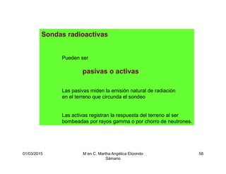 01/03/2015 M en C. Martha Angélica Elizondo
Sámano
58
Sondas radioactivas
Pueden ser
pasivas o activas
Las pasivas miden la emisión natural de radiación
en el terreno que circunda el sondeo
Las activas registran la respuesta del terreno al ser
bombeadas por rayos gamma o por chorro de neutrones.
 