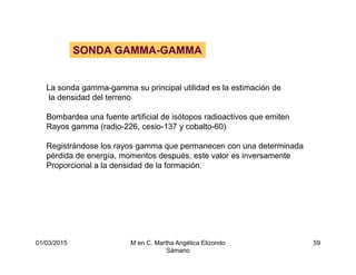 01/03/2015 M en C. Martha Angélica Elizondo
Sámano
59
La sonda gamma-gamma su principal utilidad es la estimación de
la densidad del terreno
Bombardea una fuente artificial de isótopos radioactivos que emiten
Rayos gamma (radio-226, cesio-137 y cobalto-60)
Registrándose los rayos gamma que permanecen con una determinada
pérdida de energía, momentos después, este valor es inversamente
Proporcional a la densidad de la formación.
SONDA GAMMA-GAMMA
 