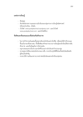 200
แหล่งการเรียนรู้
- ห้องสมุด
- ห้องจัดนิทรรศการและผลงานนักเรียนของกลุ่มสาระการเรียนรู้คณิตศาสตร์
หรือของโรงเรียน เป็นต้น
- เว็บไซต์ www.pookpikschool.wordpress.com และเว็บไซต์
www.pookpikschool.com และเว็บไซต์อื่นๆ
ข้อคิดและข้อเสนอแนะเพื่อส่งเสริมศักยภาพ
- ในการทากิจกรรมในแต่ละขั้นครูควรสังเกตนักเรียนอย่างใกล้ชิด เพื่อคอยให้คาปรึกษาและ
ชี้แนะในกรอบที่เหมาะสม ทั้งเพื่อพัฒนาทักษะ/กระบวนการเรียนรู้ของนักเรียนได้อย่างเต็ม
ศักยภาพ และเป็นข้อมูลในการวัดประเมิน
- ครูควรสอดแทรกเรื่องความสามัคคีในระหว่างนักเรียนทากิจกรรมกลุ่ม
- หากครูพบว่ามีข้อบกพร่องในกิจกรรมบางขั้น ควรปรับปรุงให้ดีขึ้นในครั้งต่อไปโดยยึดหลัก
ผู้เรียนเป็นสาคัญ
- ควรควรใช้การเสริมแรงทางบวกอย่างต่อเนื่องโดยเฉพาะนักเรียนกลุ่มอ่อน
 