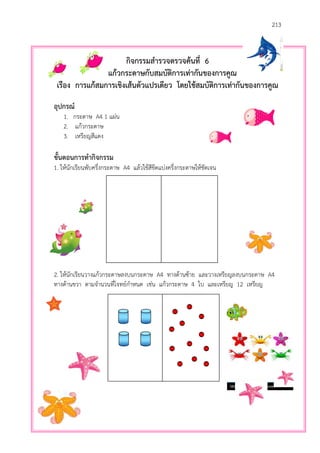 213
กิจกรรมสารวจตรวจค้นที่ 6
แก้วกระดาษกับสมบัติการเท่ากันของการคูณ
เรื่อง การแก้สมการเชิงเส้นตัวแปรเดียว โดยใช้สมบัติการเท่ากันของการคูณ
อุปกรณ์
1. กระดาษ A4 1 แผ่น
2. แก้วกระดาษ
3. เหรียญสีแดง
ขั้นตอนการทากิจกรรม
1. ให้นักเรียนพับครึ่งกระดาษ A4 แล้วใช้สีขีดแบ่งครึ่งกระดาษให้ชัดเจน
2. ให้นักเรียนวางแก้วกระดาษลงบนกระดาษ A4 ทางด้านซ้าย และวางเหรียญลงบนกระดาษ A4
ทางด้านขวา ตามจานวนที่โจทย์กาหนด เช่น แก้วกระดาษ 4 ใบ และเหรียญ 12 เหรียญ
 