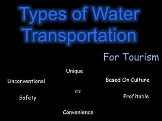 Types of Water
Transportation
For Tourism
Unique
Profitable
Unconventional Based On Culture
Safety
Convenience
ETC
 