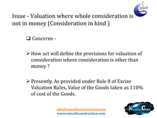 info@consultconstruction.com
www.consultconstruction.com
Issue - Valuation where whole consideration is
not in money (Consideration in kind )
 Concerns -
How act will define the provisions for valuation of
consideration where consideration is other than
money ?
Presently, As provided under Rule 8 of Excise
Valuation Rules, Value of the Goods taken as 110%
of cost of the Goods.
 