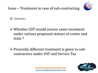 info@consultconstruction.com
www.consultconstruction.com
Issue – Treatment in case of sub-contracting
 Concerns -
 Whether GST would ensure same treatment
under various proposed statues of center and
state ?
 Presently different treatment is given to sub-
contractors under VAT and Service Tax
 