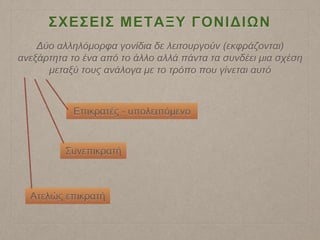 Συνεπικρατή
Ατελώς επικρατή
Επικρατές - υπολειπόμενο
Δύο αλληλόμορφα γονίδια δε λειτουργούν (εκφράζονται)
ανεξάρτητα το ένα από το άλλο αλλά πάντα τα συνδέει μια σχέση
μεταξύ τους ανάλογα με το τρόπο που γίνεται αυτό
ΣΧΕΣΕΙΣ ΜΕΤΑΞΥ ΓΟΝΙΔΙΩΝ
 