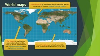 The Equator is one line that
goes horizontally around the
Earth. It divides the Earth into
the Northern Hemisphere and
the Southern Hemisphere
Lines of latitude go horizontally around the Earth. We use
these lines to measure distance from the Equator
Lines of longitude go vertically around the
Earth from the North Pole to the South Pole
 