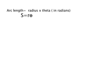 Arc length= radius x theta ( in radians)
S=rɵ
 