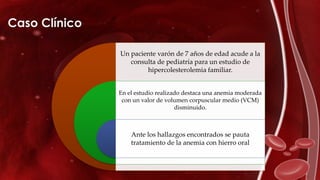 Caso Clínico
Un paciente varón de 7 años de edad acude a la
consulta de pediatría para un estudio de
hipercolesterolemia familiar.
En el estudio realizado destaca una anemia moderada
con un valor de volumen corpuscular medio (VCM)
disminuido.
Ante los hallazgos encontrados se pauta
tratamiento de la anemia con hierro oral
 