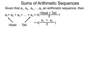 Given that a1, a2 , a3 , …an an arithmetic sequence, then
a1+ a2 + a3 + … + an = n
TailHead +
2
( )
ana1 +
2( )= n
Head Tail
Sums of Arithmetic Sequences
 