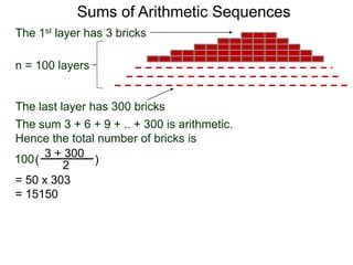 Sums of Arithmetic Sequences
3 + 300
2( )
The sum 3 + 6 + 9 + .. + 300 is arithmetic.
Hence the total number of bricks is
The 1st layer has 3 bricks
n = 100 layers
100
The last layer has 300 bricks
= 50 x 303
= 15150
 