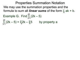 Arithmetic Sequences
1. a1 = 2
d = 3
an = 3n – 1
a100 = 299
 an = 15 050
(Answers to the odd problems) Exercise A.
n=1
100
3. a1 = 6
d = – 4
an = – 4n + 10
a100 = – 390
 an = – 19 200n=1
100
5. a1 = – 12
d = –13
an = – 13n + 1
a100 = – 129
 an = – 65 550n=1
100
7. a1 = 18
d = – 10
an = – 10n +28
a100 = – 972
 an = – 47 700n=1
100
9. a1 = –30
d = 6
an = 6n – 36
a100 = 564
 an = 26 700n=1
100
11. a1 = 24.1
d = –0.4
an = –0.4n + 24.5
a100 = –15.5
 an = 430n=1
100
 