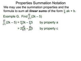 Arithmetic Sequences
13. a1 = 6
d = 3
an = 3n + 3
a100 = 303
 an = 15 450n=1
100
15. a1 = –3
d = – 0.5
an = – 0.5n – 2.5
a100 = –52.5
 an = –2 775n=1
100
Exercise B.
1. – 4 – 1 + 2 +…+ 302 =  3n – 7 = 15 347
3. 27 + 24 + 21 … – 1992 =  –3n + 30 = –662 205
n=1
103
n=1
674
 